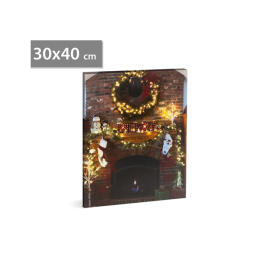 Karácsonyi LED-es hangulatkép - fali akasztóval, 2 x AA, 40 x 30 cm - kandalló