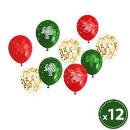 Lufi szett - piros, zöld, arany, karácsonyi motívumokkal - 12 db
